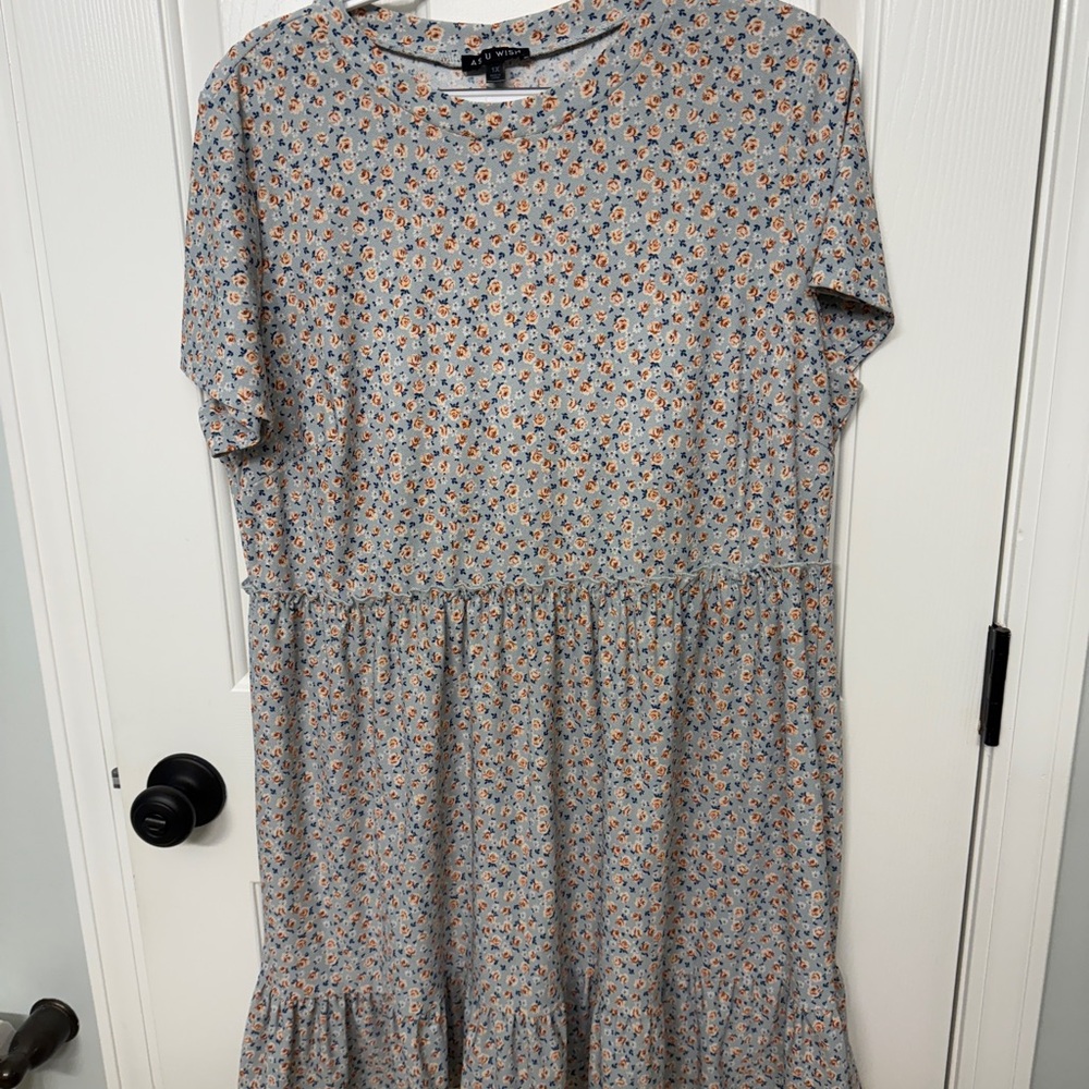 As U Wish Gray and White Ruffled Tiered Mini Sundress